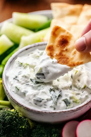 A bowl of authentic tzatziki sauce with fresh herbs and cucumber garnish.