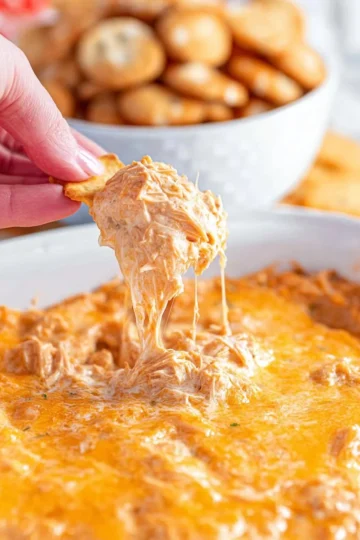 Cheesy Buffalo Chicken Dip served hot from the oven in a baking dish