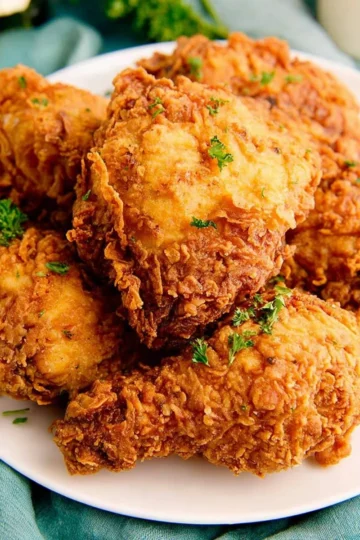 Delicious chicken fried chicken served on a plate with sides