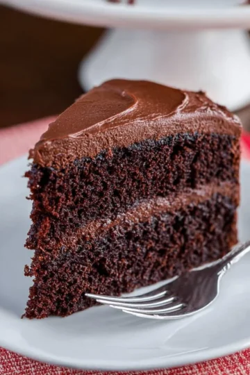 Delicious chocolate cake with creamy chocolate frosting on a decorative plate