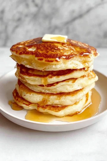 Fluffy cottage cheese pancakes stacked and drizzled with syrup