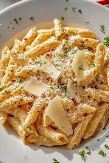 Plate of creamy garlic butter pasta topped with herbs.