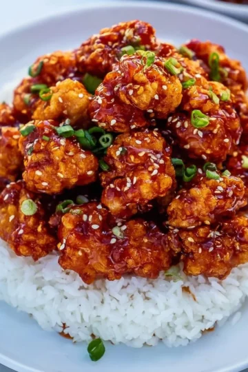 Delicious crispy Korean fried chicken garnished with sesame seeds and green onions
