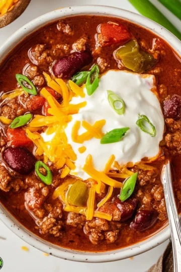 Bowl of homemade Crockpot Chili topped with cheese and herbs