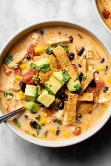 Bowl of easy chicken taco soup topped with cilantro and avocado.