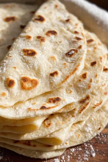 Homemade flour tortillas stacked on a wooden board