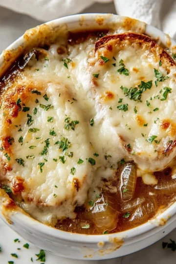 A bowl of delicious homemade French Onion Soup topped with melted cheese