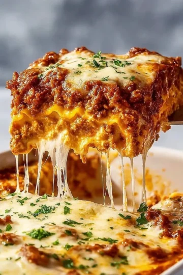 Delicious easy lasagna with ricotta cheese layered with pasta and sauce
