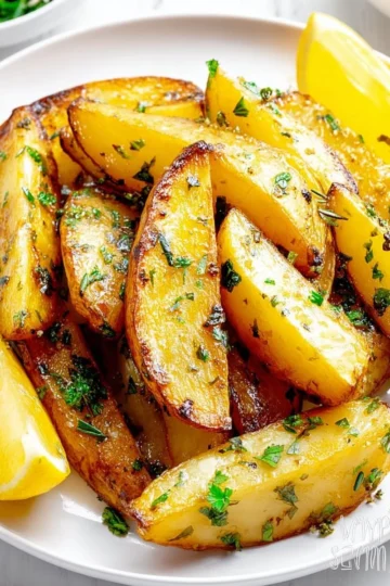 Deliciously roasted Greek lemon potatoes served in a bowl.