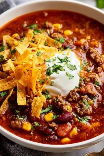 Bowl of easy taco soup garnished with cheese and cilantro