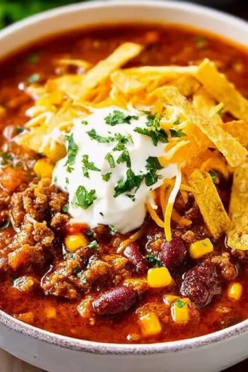 Bowl of delicious easy taco soup garnished with cilantro and cheese