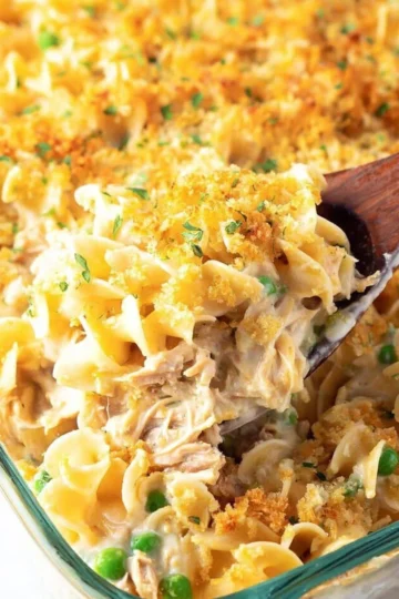 Easy tuna noodle casserole topped with breadcrumbs and baked to perfection