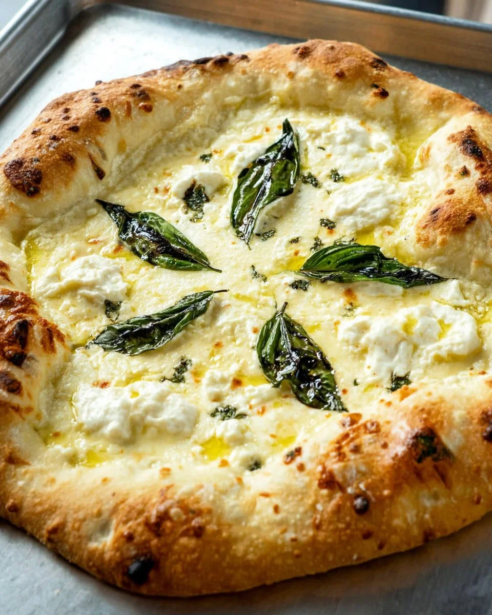 Delicious easy white pizza with creamy ricotta and mozzarella cheese
