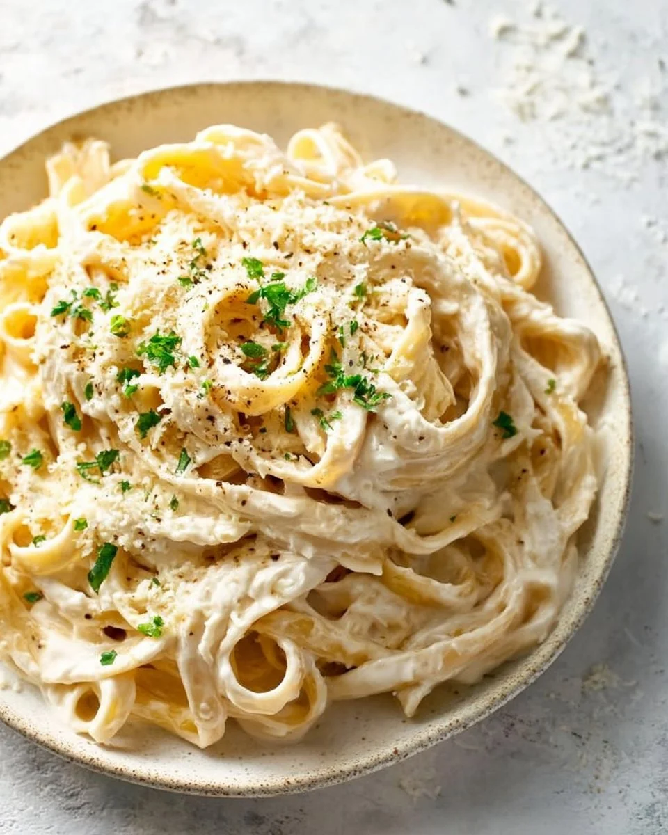 Delicious plate of Fettuccine Alfredo garnished with parsley