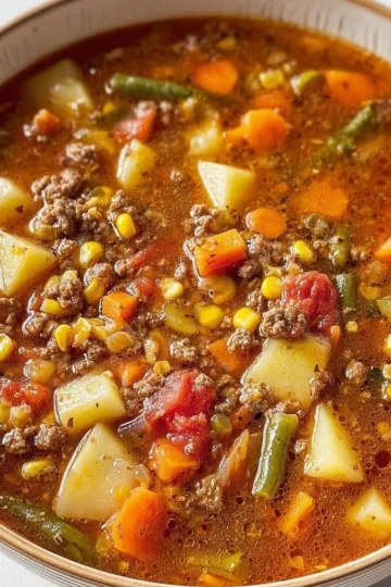 Delicious bowl of Hamburger Soup with vegetables and ground beef