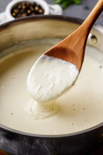 Bowl of creamy homemade Alfredo sauce ready to serve with pasta.