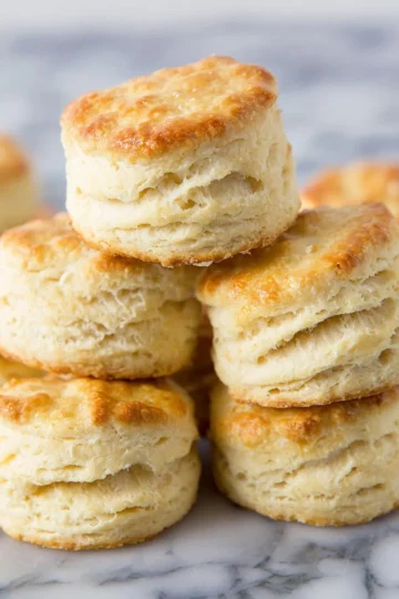 Freshly baked homemade buttermilk biscuits on a kitchen counter