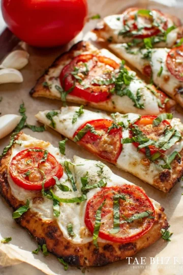 Delicious homemade flatbread pizza topped with fresh ingredients