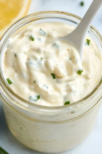 Delicious homemade tartar sauce served in a bowl with garnishes.