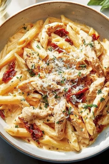 Delicious Marry Me Chicken Pasta dish garnished with herbs.
