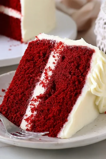 Moist and soft red velvet cake slice on a white plate with decorative frosting
