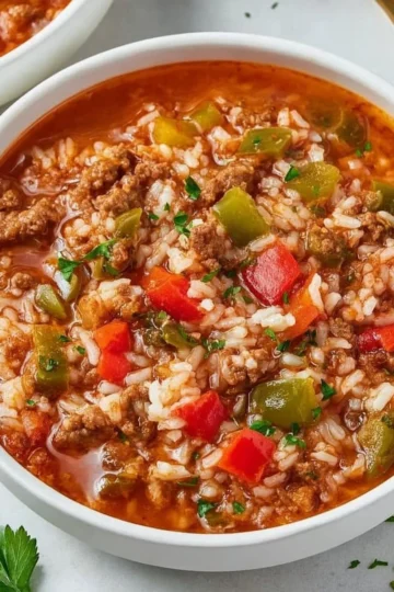 A warm bowl of stuffed pepper soup with colorful peppers and herbs.