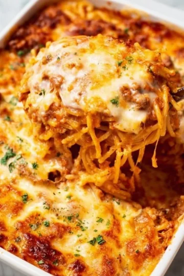 Delicious baked spaghetti topped with melted cheese and herbs