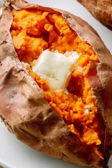 Baked sweet potatoes served on a plate with herbs and butter