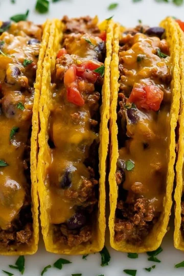 Baked tacos topped with cheese and fresh ingredients on a plate