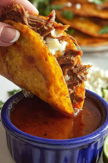 Delicious Birria Tacos served with savory consommé for dipping.