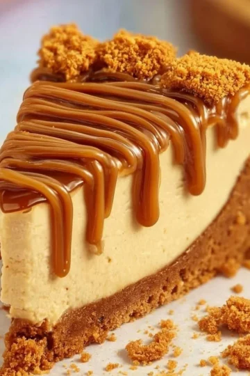 Delicious Biscoff Cheesecake topped with caramel drizzle and Biscoff cookies
