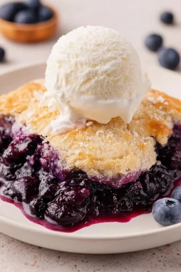 Freshly baked blueberry cobbler in a dish topped with a golden crust