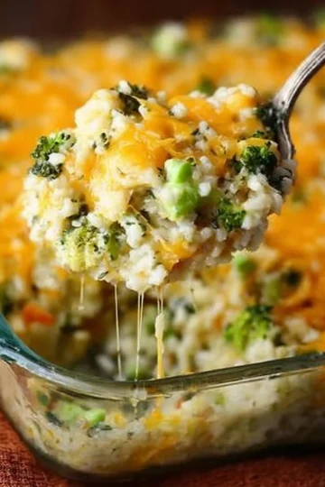A delicious dish of Broccoli Rice Casserole, showcasing baked broccoli and rice.