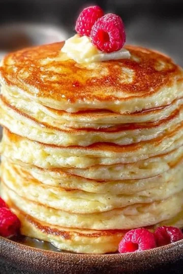 Fluffy buttermilk pancakes served with syrup and fresh berries