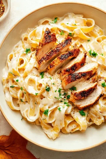 Creamy Chicken Alfredo Pasta Fettuccine served in a bowl