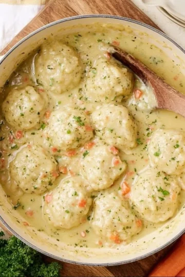 Bowl of chicken and dumplings with tender chicken and fluffy dumplings in a savory broth