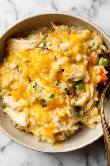 Delicious Chicken and Rice Casserole topped with herbs and cheese