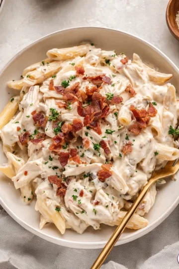 Plate of Chicken Bacon Ranch Pasta with chicken, bacon, and ranch sauce