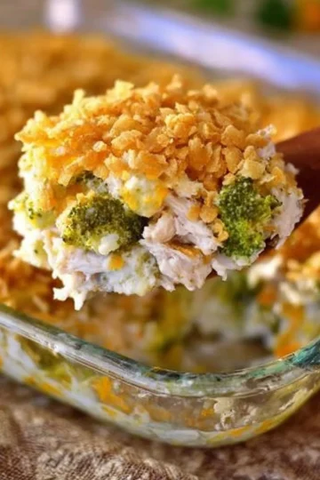 Delicious Chicken Broccoli Rice Casserole served in a casserole dish