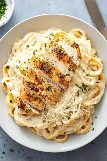A plate of Chicken Fettuccine Alfredo garnished with parsley and parmesan cheese.