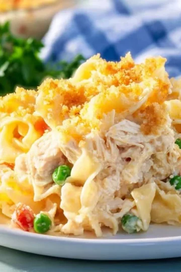 Delicious Chicken Noodle Casserole topped with crispy breadcrumbs.