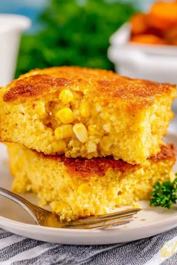 Delicious cornbread casserole served on a plate