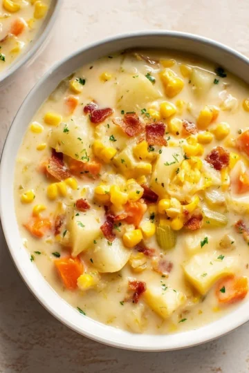 Bowl of creamy corn chowder topped with herbs and served with crusty bread.