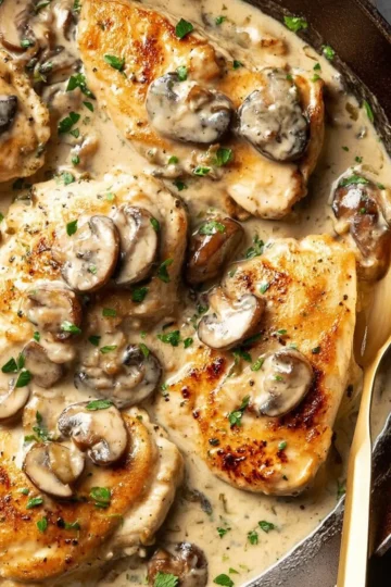 Creamy mushroom chicken dish garnished with fresh herbs and served on a plate.