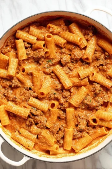 Creamy sausage rigatoni pasta served in a bowl with herbs and cheese