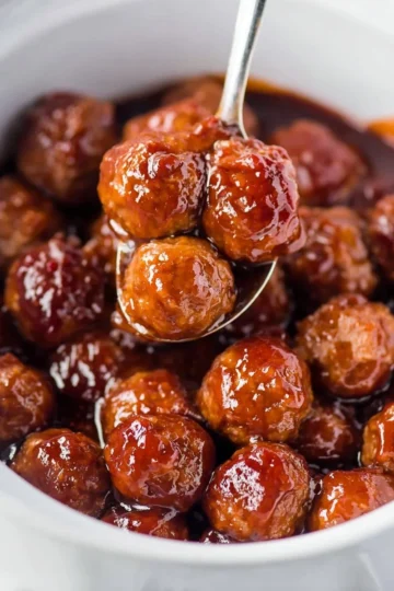 Crockpot Grape Jelly BBQ Meatballs served in a bowl