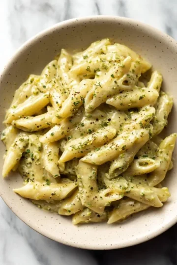 A bowl of easy chicken pesto pasta garnished with fresh basil