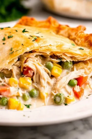 Delicious easy chicken pot pie served in a rustic dish