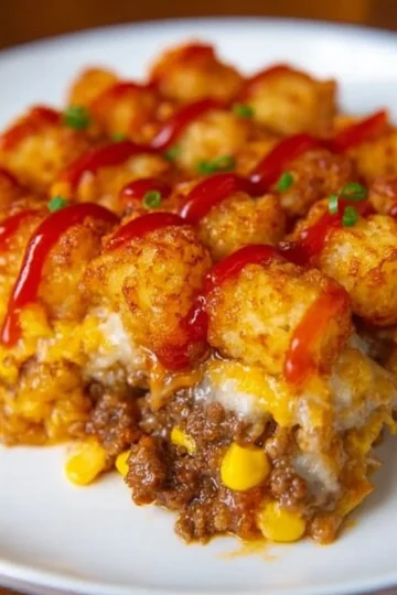 Delicious easy cowboy casserole served in a baking dish with toppings.