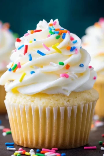 Delicious homemade vanilla cupcakes topped with frosting
